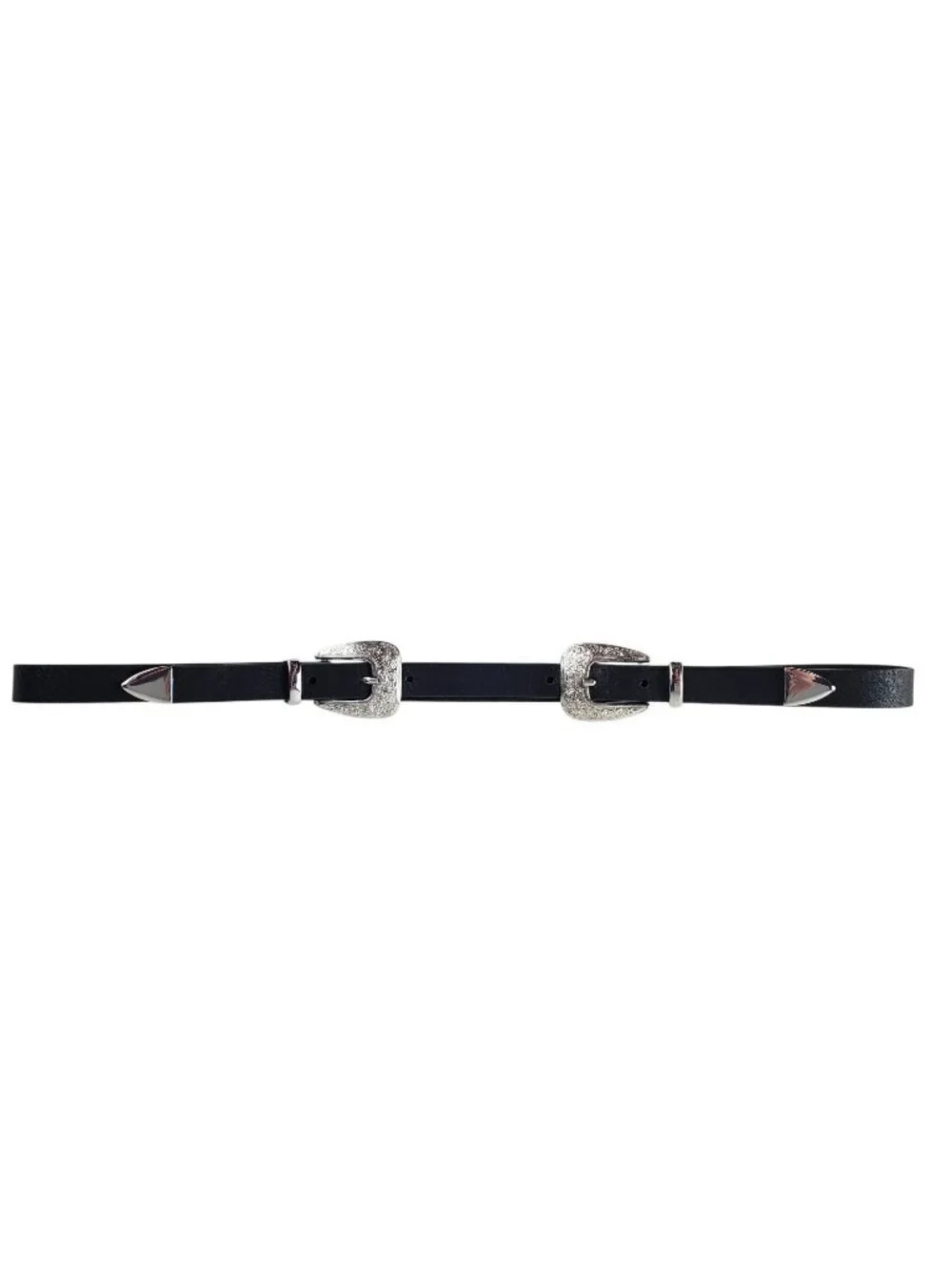Western Two Buckle Belt Black Silver-Tone Tipped Cowgirl Womens Large Fits 35-39
